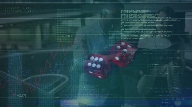 Financial data and graphs are animated over diverse coworkers in office