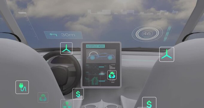 Animation of data processing and ecology icons over car and clouds