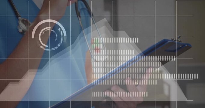 Animation of circles, audio levels, midsection of caucasian female doctor writing on clipboard