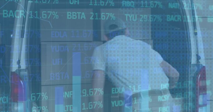 Animation of financial data processing over caucasian delivery man unpacking car