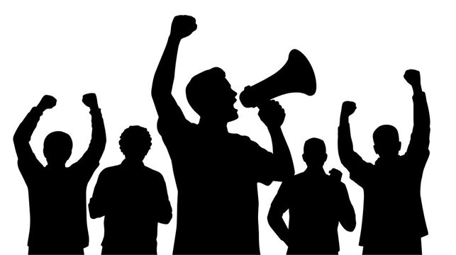 Silhouettes of people demonstran with megaphone vector style illustration