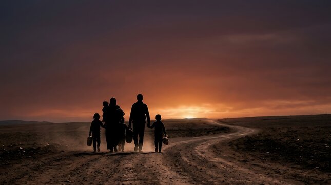 Silhouettes of people walking along desert road at sunset representing migration crisis and humanitarian displacement