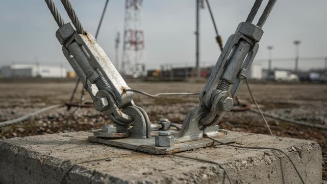 Closeup on guy wires anchored into ground crisp detail on tension cables outoffocus industrial lot and tower base behind.