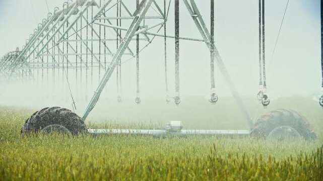 Aerial center pivot irrigation watering green crop fields. 