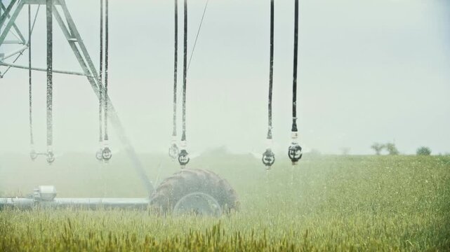 Center pivot irrigation system watering a green wheat field