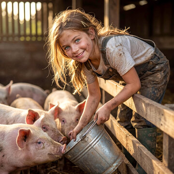 A cheerful young girl with a dirty face and straw in her hair smiles while feeding a group of hungry piglets in a rustic barn.