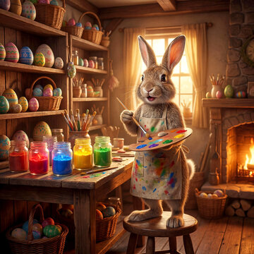 A cheerful Easter bunny, dressed in a paint-splattered apron, joyfully prepares to decorate colorful eggs in its cozy, rustic workshop.