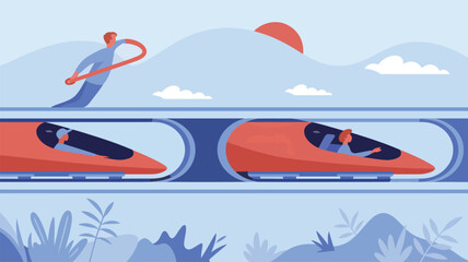 Two red trains travel through tunnels with a person on a red rope above transportation speed © srdesignhouse