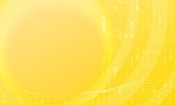 Abstract bright yellow background with digital binary code 0, 1 stream, flowing data dots, and dynamic light effects, perfect for modern tech and business presentations.