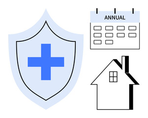 Obraz premium Health insurance, home coverage, financial protection, risk management, planning, medical coverage. Shield with cross, calendar labeled annual and house symbol. Health insurance and home coverage