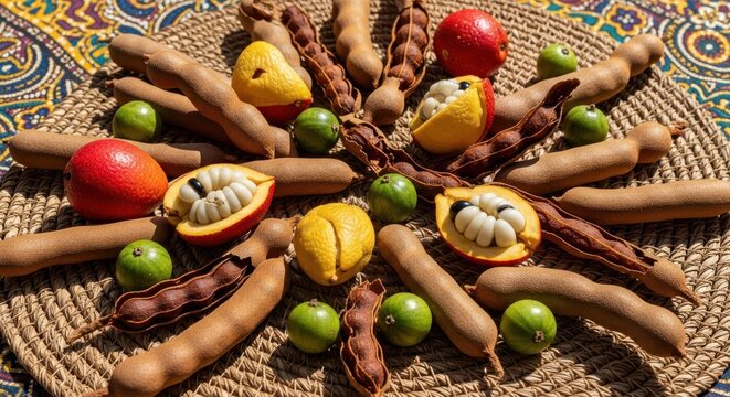 A vibrant arrangement of ripe tropical fruits including tamarind, ackee, and quenepa displayed on a woven surface