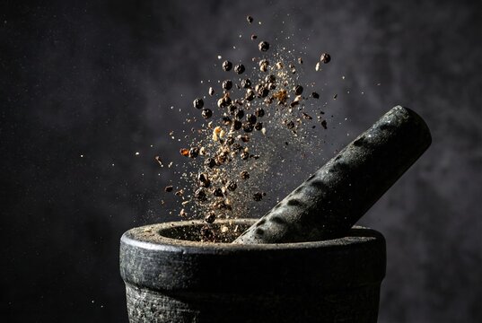 Close-up of Black Peppercorns and Ground Spices in Mid-Air as They Explode from a Stone Mortar and Pestle, High-Speed Photography, Dark Moody Lighting
