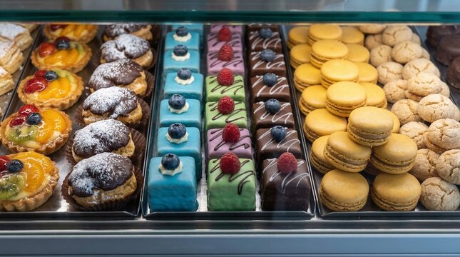 Assorted colorful pastries and desserts on display in a bakery case including macarons and cakes with fruit toppings