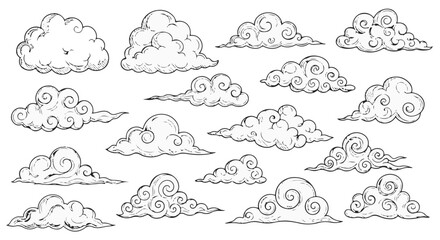 Hand Drawn Clouds Collection. Isolated Sketch Fluffy and Oriental Japanese Style Clouds Vector Illustration. isolated PNG with Transparent Background