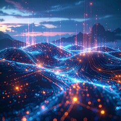 Obraz premium Abstract digital landscape with glowing blue data streams, network nodes, and optical fiber light beams.