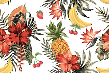 Banana, cherry, pineapple, papaya fruit, hibiscus flower, palm leaves seamless pattern. Summer tropical exotic print. © good_mood