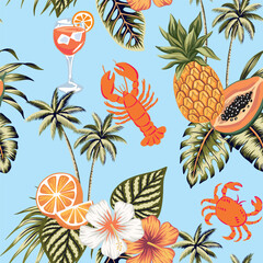 Orange, pineapple, papaya fruit, hibiscus flower, lobster, crab, palm leaves seamless pattern. Summer tropical exotic print.  © good_mood