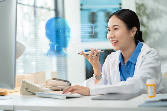 Asian female doctor using a smartphone in a hospital,interacting with a virtual assistant or AI chatbot.doctor reviews health data via ai agent,smart mirror technology,future technology