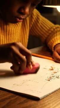 A young child intently focuses on their drawing, diligently erasing a mistake with a pink eraser under warm artificial light, showcasing creativity and concentration.