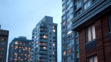 Obraz premium Modern residential buildings glow with interior lights at dusk viewed from a low angle