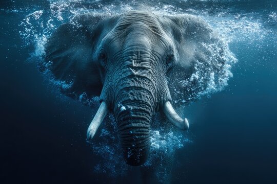 Frontal view of a large elephant's head breaking the surface of deep blue water