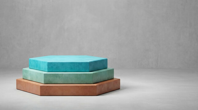 Three hexagonal platforms, stacked in teal, green and brown hues. Represents a display for product presentation or abstract architectural element