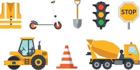 Construction road work icons set with safety vest scooter shovel traffic light stop sign truck cone vector © Md