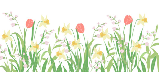Spring horizontal border with a cute pattern of hand drawn blooming flowers. Floral botanical vector illustration for spring holidays, Mother's Day, Easter, Women's Day and birthdays