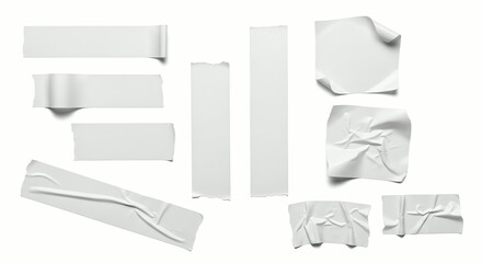 Fototapeta premium Collection of white adhesive tape strips and rolls on white background