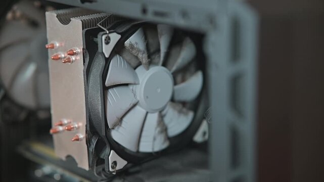 Review of a dusty and dirty computer cooling fans in a desktop case, highlighting their design and functionality.