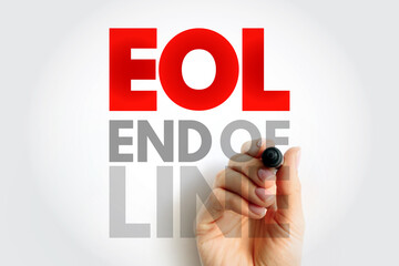 EOL END OF LINE text on paper with pen in hand, symbolizing software development, text structure, coding syntax, and data formatting in programming