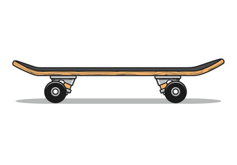 Side profile illustration of a wooden skateboard with black wheels and trucks © Lina