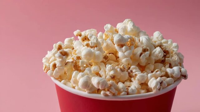 Delicious popcorn in a red container on pink background for movie night