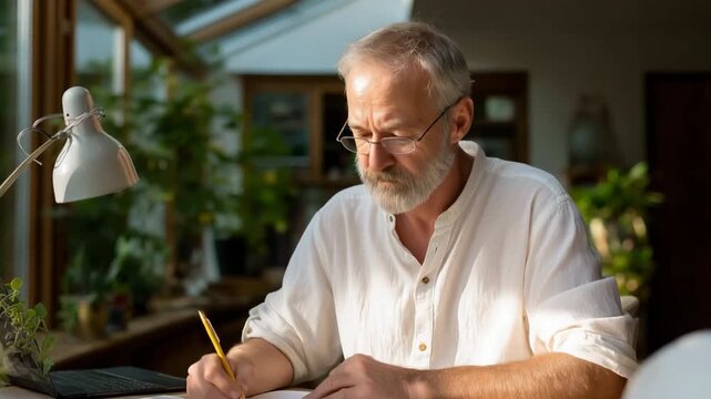 Caucasian mature male architect sketching in sunlit home office