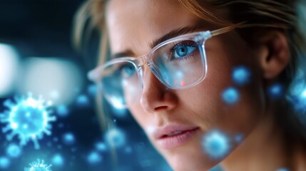 Obraz premium Masked woman defending from floating virus particles, healthcare and safety concept