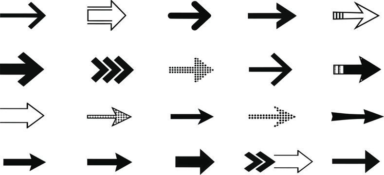 Collection of various black arrows on white background
