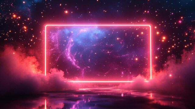 Red neon rectangle glowing in a surreal landscape of clouds and stars with a water reflection