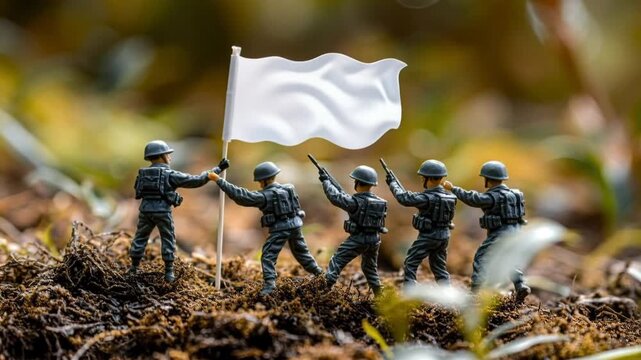 Toy soldiers raising a white flag as a conceptual symbol of surrender, defeat, and the end of war
