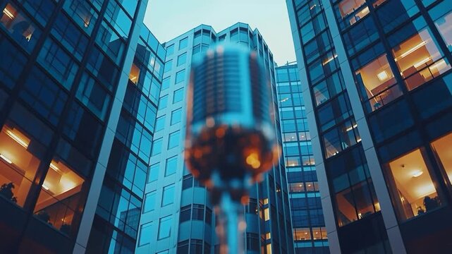 Low-angle shot of a classic chrome microphone with a blurred background of modern glass skyscrapers