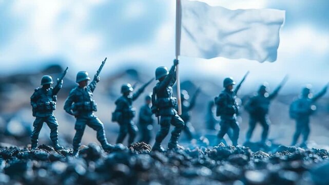 Plastic toy soldiers marching with rifles and a white flag symbolizing defeat or truce