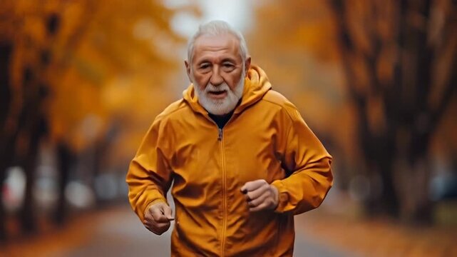 Active senior man in a yellow jacket running towards the camera in a beautiful autumn park alley