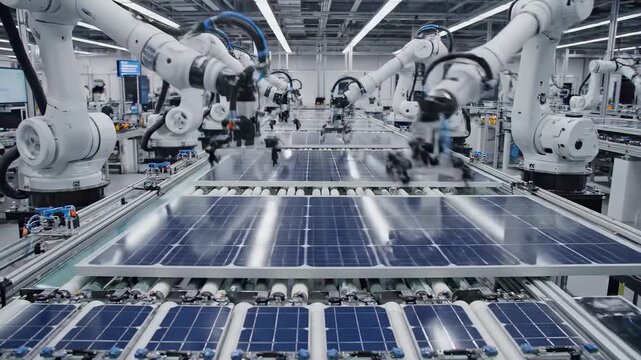 Automated System For Efficient Solar Panel Production And Inspection. Hightech Photovoltaic Manufacturing Plant Equipped With Robotic Placement And Quality Assurance Processes