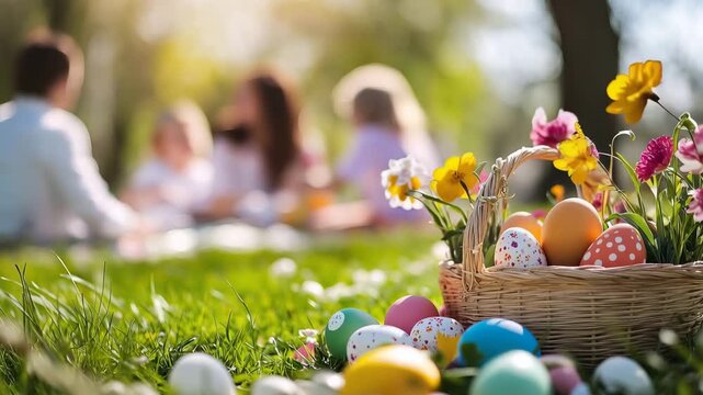 A family enjoys a festive Easter picnic in a park with a basket of colorful eggs and flowers