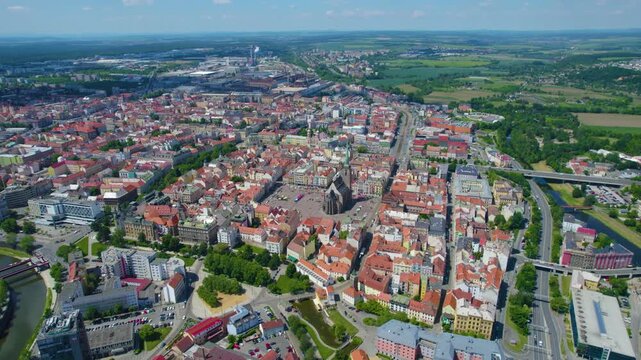 Aerial panoramic view beside the old town of the city Erlangen in Germany, Bavaria on a cloudy spring morning