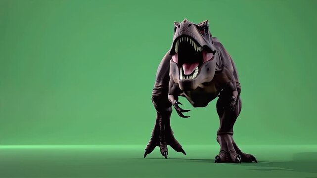 Animated t rex dinosaur roaring against green screen
