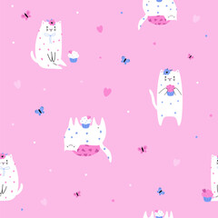 Obraz premium Cute cat and cupcake seamless pattern for kids textile.