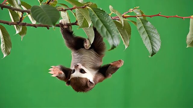 Slow loris hanging upside down on a branch