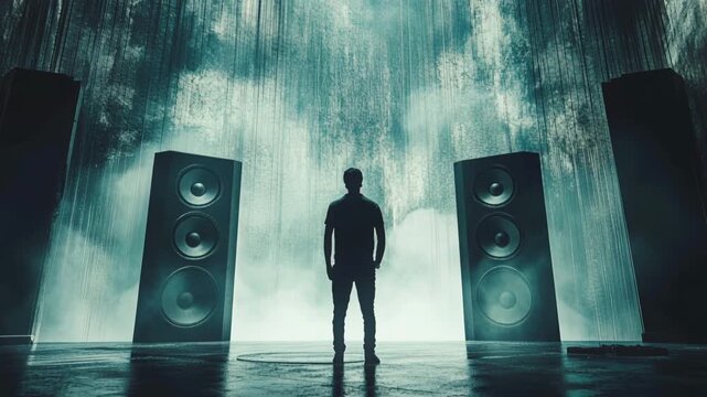 Silhouette of a man standing between two speakers with a curtain of rain and fog in the background