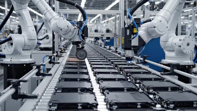 Precision Robotic Assembly Creating Durable Metal Components Efficiently. Highspeed Robotic Grinding Station Seamlessly Trims And Polishes Metal Casings With Sparks Flying