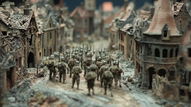 Miniature diorama showing world war ii soldiers marching through a destroyed european city street